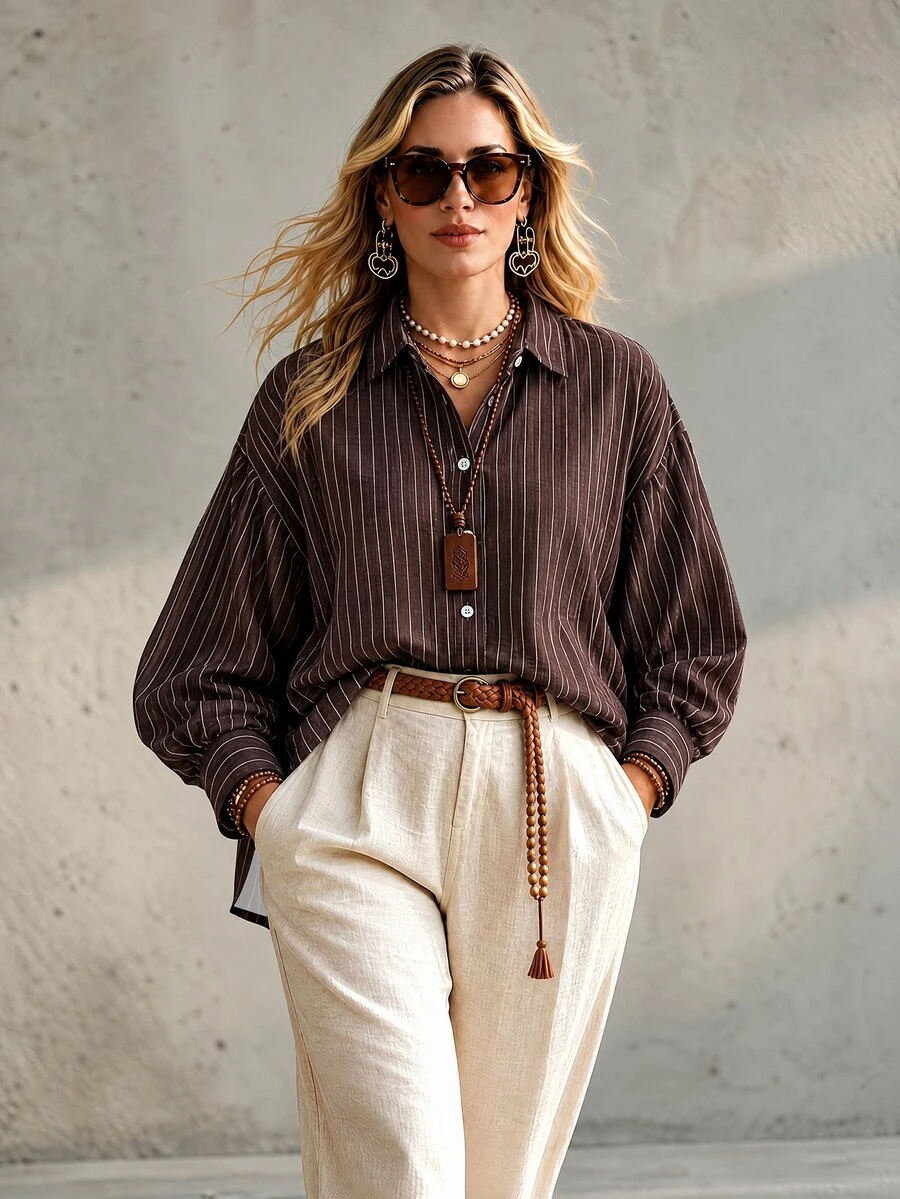 Ceyna Plus Striped Print Drop Shoulder Oversize Lantern Sleeve Shirt - Coffee Brown - View 1