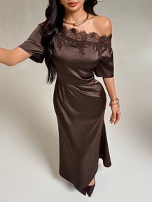 SHEIN PETITE Petite Women's Satin One-Shoulder Pleated Maxi Mermaid Dress With Brown Lace Paneling - Black and White - View 1