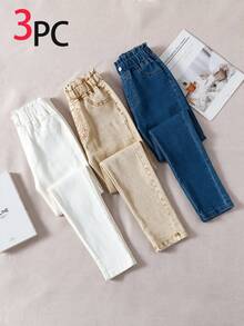 SHEIN 3件組 TWEEN GIRLS 牛仔褲，高彈性柔軟丹寧布料，淺藍色，秋季，休閒，校園，返校季，腰部鈕扣設計，百搭版型，冬季 - 彩色 - 查看 1