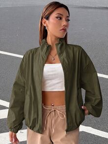 SHEIN EZwear Zip Up Drop Shoulder Jacket In Fall/Winter - Army Green - View 5