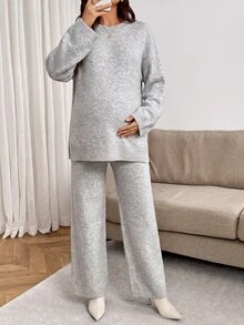 SHEIN Maternity Solid Color Crew Neck Side Slit Hem Sweater And Adjustable Waist Knit Long Pants Casual Set Winter - Light Grey - View 6