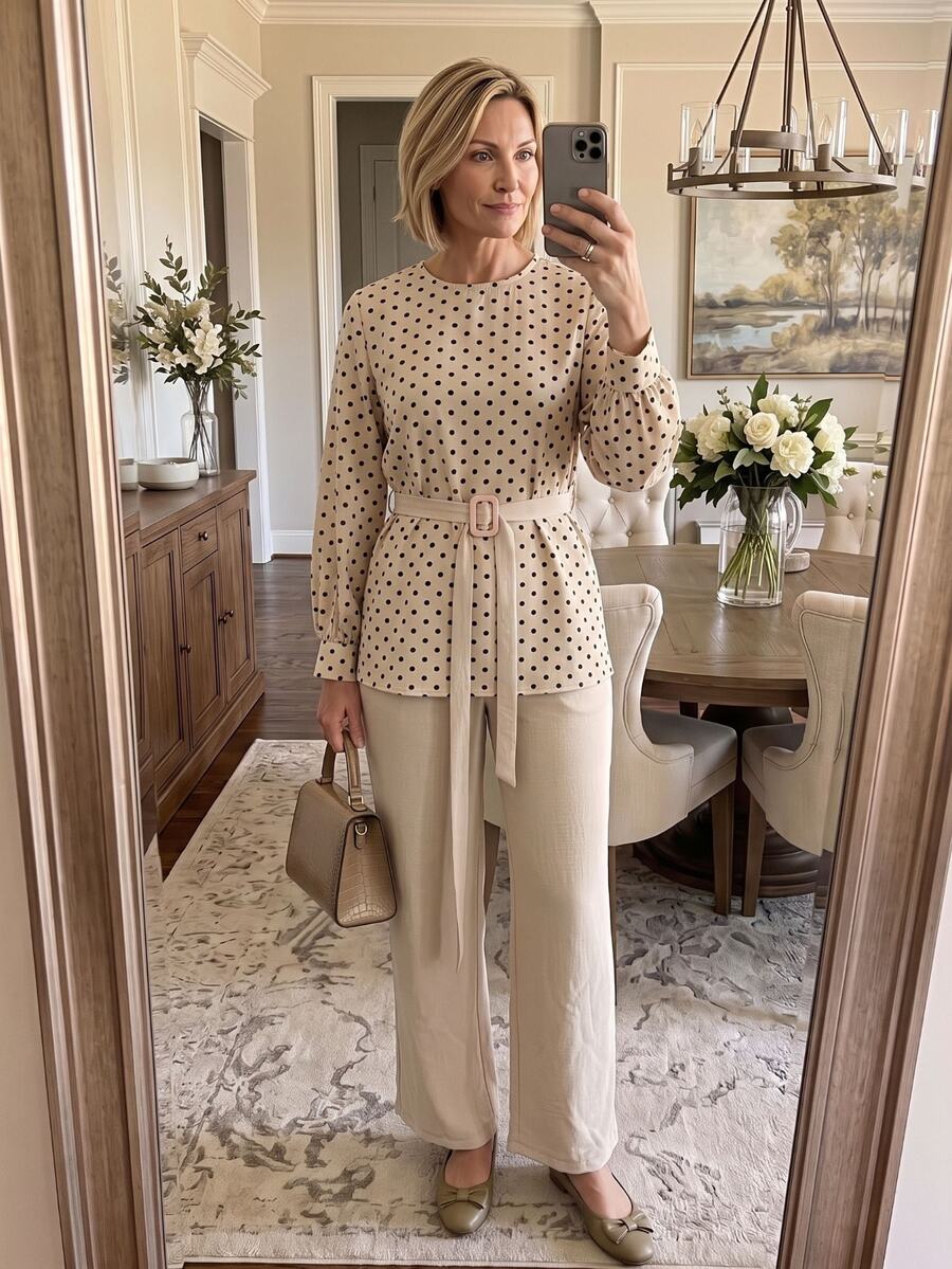 Hansera Women's Polka Dot Print Long Sleeve Top And Pants 2 Pieces Set - Apricot - View 1