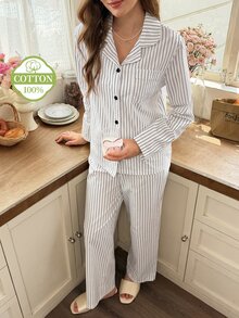 Snug Reverie Minimalist Striped Lapel 100% Cotton Long Sleeve Pajama Set For Women, Comfortable Loungewear For Autumn - White - View 4