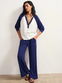 Bohemela Women's Button Half-Placket Long Sleeve Top And Drawstring Waist Pants 2 Pieces Set - Multicolor - View 6