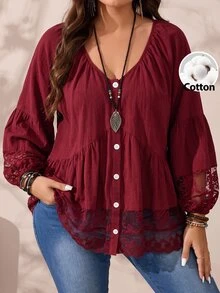 EMERY ROSE Women's Plus Size Lace Patchwork Hem Single-Breasted Lantern Sleeve Elegant Blouse - Burgundy - View 8