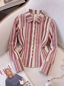 SHEIN MOD قميص جينز نسائي ضيق بخطوط عمودية وأزرار أمامية وياقة مدببة وحافة منحنية - متعدد الألوان - مشاهدة 1