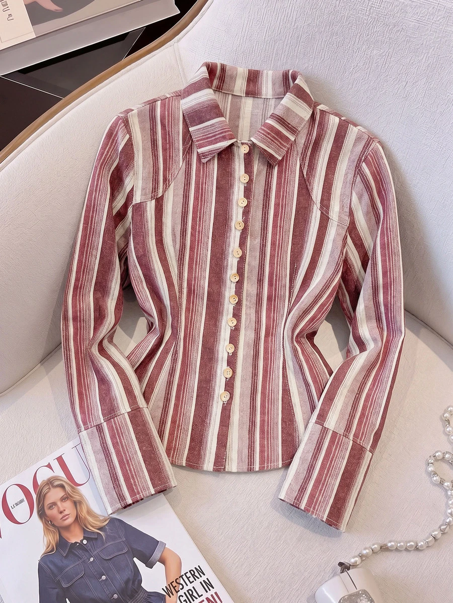 SHEIN MOD قميص جينز نسائي ضيق بخطوط عمودية وأزرار أمامية وياقة مدببة وحافة منحنية - متعدد الألوان - مشاهدة 1