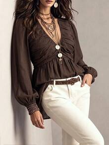 Ceyna Women's Plus Size Maillard Brown Bamboo Linen V-Neck Double-Layered Ruched Waist A-Line Puff Long Sleeve Blouse, Elegant Boho Going Out Party Fall - Brown - View 4