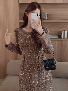 DAZY Women's Elegant Sequin Pleated Long Sleeve Dress For Vacation - Khaki - View 6