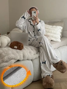 Livesso Women's Cartoon Animal Long Sleeve Single-Breasted Top And Pants Pajama Set - Grey - View 4