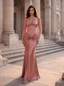 Coutiva Nude Pink Strapless Ruched Patchwork Sheer Lace Long Sleeve Waist Cinched Twisted Satin Fitted Mermaid Long Evening Gown - Pink - View 4