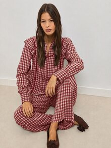 Nöista 格紋襯衫與長褲套裝，對比滾邊設計，適合秋冬穿搭，優雅造型，聖誕慶祝場合 - 酒紅色 - 查看 6