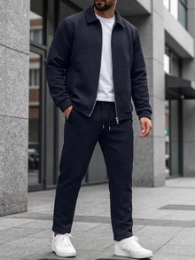 Manfinity Homme 男士純色拉鍊夾克與抽繩長褲套裝，黑色秋季休閒商務度假通勤穿搭，深色學院風運動休閒套裝 - 藏蓝色 - 查看 3