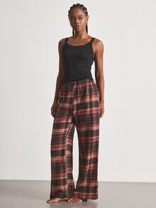 Ocili Women's Lace Trim Minimalist Comfortable Plaid Cotton Long Pants Drawstring Loungewear Set - Multicolor - View 2