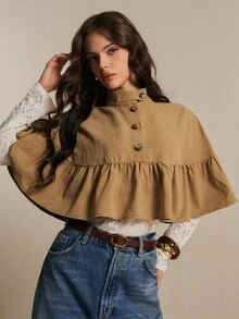 Poéselle Women's Camel Ruffle-Hem Cape Blouse – Stand-Collar Button-Front Cropped Poncho Top Winter Jacket Casual Blouses Y2k Going Out Tops Halloween Costume - Khaki - View 2