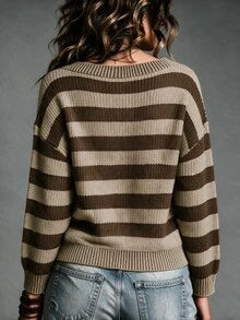 Trelyra New Fall Winter Women Retro Contrast Off-Shoulder Striped Knit Top. Brown Drop Shoulder Sweater, Great For Commute & Daily Wear. Retro Style, Soft Kni - Multicolor - View 3