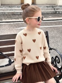 SHEIN Tween Girl Heart Pattern Drop Shoulder Sweater And Solid Brown Pleated Skirt 2pcs Set,Back-To-School Casual School Outfit For Autumn Winter - Apricot - View 7