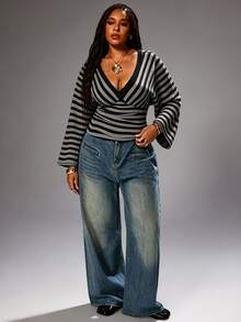 Rustia Plus Size Autumn/Winter Casual Colorful Striped V-Neck Long Sleeve T-Shirt Fall - Black - View 6