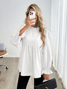 Easowa 女款素色荷葉邊圓領長袖休閒優雅襯衫，教師節辦公室早午餐穿搭，米色秋季款 - 白色 - 查看 4