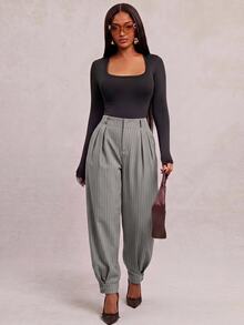 SHEIN CURVE+ Plus Size Striped High Waist Pleated Cuffed Pants, Suitable For Daily Commute - Grey - View 8