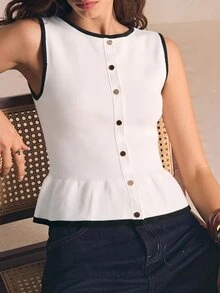 BizChic White & Brown Polka Dot Women's Knit Top With Contrast - White - View 2