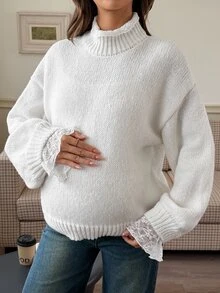 DAZY Áo len dài tay thường ngày phong cách casual phối ren cho bà bầu - trắng - Xem 1