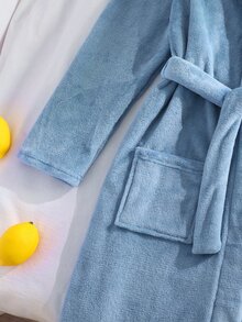 女童居家服 毛絨前綁帶連帽浴袍 秋冬款 抓絨內裡 長袖純色口袋款 柔軟舒適可愛睡衣 - 霧霾藍 - 查看 7
