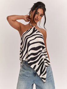 SHEIN BAE 春夏女款休閒度假掛脖露背不對稱下擺黃色純色緞面背心，適合海邊度假、海濱度假、姐妹休閒度假，優雅實用黃色緞面背心 - 彩色 - 查看 5