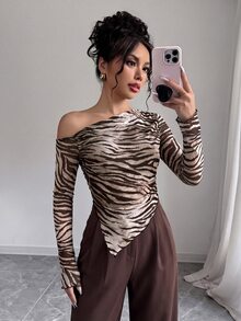 Firerie 女款斑馬紋網紗長袖不對稱連身衣 透視單肩上衣 獨特設計 休閒度假鄉村風 外出健身演唱會穿搭 - 彩色 - 查看 1