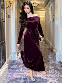 Feyla New Premium Elegant Lace Patchwork Luxury Long Dress For Banquet - Purple - View 7