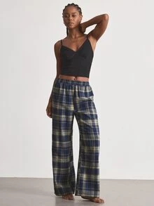 Ocili Ribbed Comfortable Lace Trim Minimalist Plaid Cotton Long Pants Drawstring Women's Loungewear Set - Multicolor - View 5
