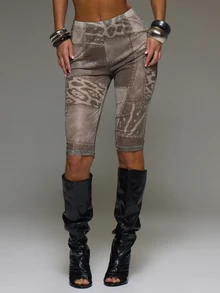 MUSERA Brown Print Mesh Graphic Mid Rise Capri Trouser Fall Autumn Winter Cool Style Outfits Halloween Christmas Women Clothing Evening - Multicolor - View 1
