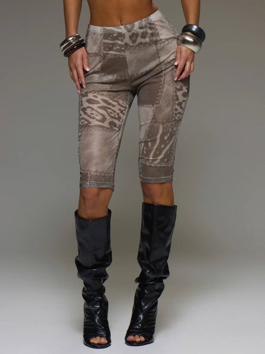 MUSERA Brown Print Mesh Graphic Mid Rise Capri Trouser Fall Autumn Winter Cool Style Outfits Halloween Christmas Women Clothing Evening - Multicolor - View 1