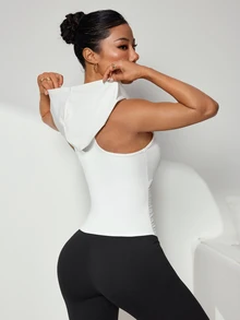 Solea Cove Women's White Sports Sweatshirt, Sleeveless V-Neck Sweatshirt, Suitable For Autumn, Winter, Spring, Summer, Yoga, Running, Gym, Commuting - White - View 2