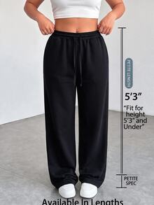 SHEIN PETITE CURVE Quần dài casual size lớn màu trơn phong cách tối giản, cạp rút dây, có túi, cho mùa thu - màu đen - Xem 2