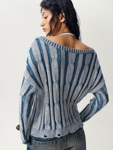 Bohemela Vintage Mixed Wool Off-Shoulder Loose Cable Knit Pullover - Blue and White - View 6