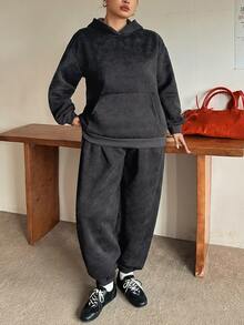 Dazy Plus Hooded Girl Casual Korean Style Thermal Lined Loose Sweatshirt And Sweatpants 2 Pieces Set - Dark Grey - View 2