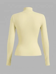 Fluxe 女款運動休閒服飾 常規版型 素色針織長袖圓領T恤 緊身立領上衣 - 黃色 - 查看 3