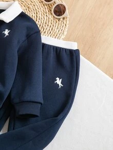 SHEIN 兒童嬰兒女童男童卡通小馬圖案拼色 Polo 領套頭運動衫套裝，適合秋冬返校休閒時尚百搭 - 彩色 - 查看 6