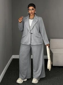Maweii Women's Casual Knit Blazer & Wide Leg Pants 2 Pieces Set - Grey - View 5