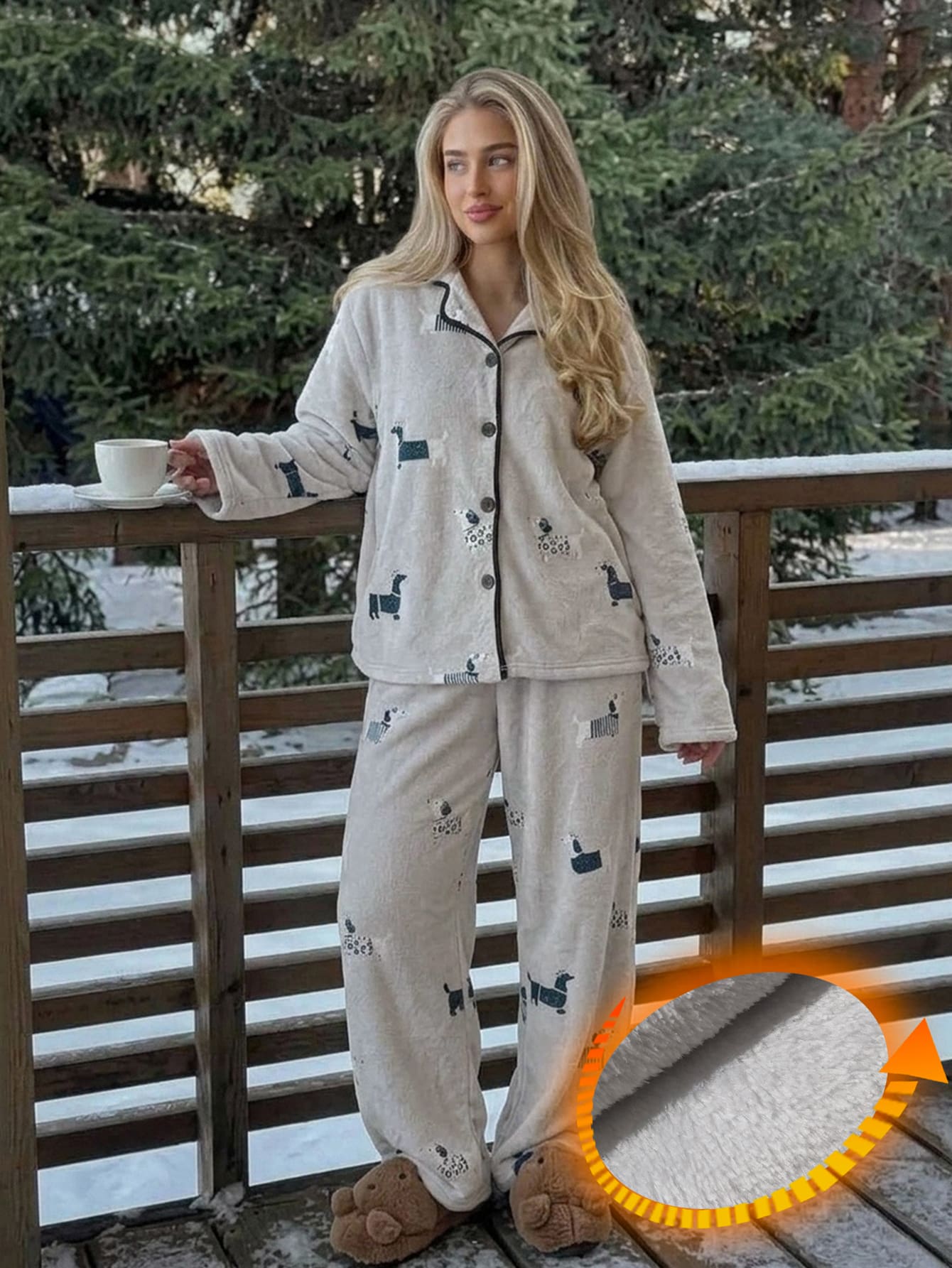 Livesso 女款卡通動物長袖單排扣上衣與長褲睡衣套裝 - 灰色 - 查看 1