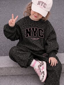 女童休閒極簡風加厚軟綿舒適圓領套頭運動衫與慢跑褲兩件套，適合秋冬 - 彩色 - 查看 1