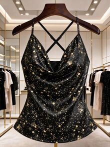 Grovea Plus Size Starry Print Camisole Tank Top With Star Pattern, Cowl Neck Design, Spaghetti Strap, Slim Fit, Lightweight Luxury Vibe, Elastic Fabric, Slim Fit, Suitable For Dates, Parties, Daily Wear, Layering, Outerwear, Easily Create A Sophisticated Look - Black - View 3