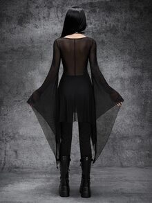 Cryptelle Women's Gothic Style Jacquard Mesh Flowy Batwing Sleeve Top Autumn/Winter Black Witch Halloween Party Outfit Costume - Black - View 2