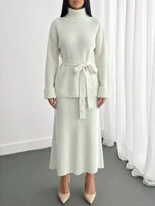 CLARA VERO Belted Turtleneck Knit Skirt Elegant Set - Beige - View 5