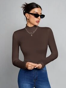 SHEIN Tall 簡約純色修身高領白色上衣，適合秋冬，高個女性穿著 - 巧克力棕 - 查看 3
