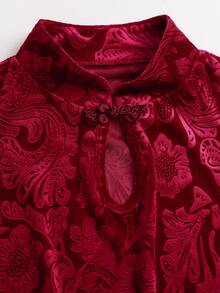 Sweetra Women's Autumn/Winter New Chinese Style & Burgundy Velvet Jacquard Short Long Sleeve Dress - Burgundy - View 4