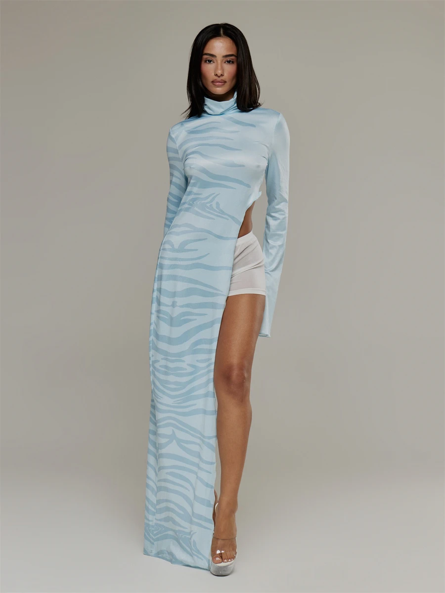 MUSERA Asymmetric Cutout Side Zebra Printed High Neck Long Line Top Going Out Sexy Fall Winter Christmas - Blue - View 1