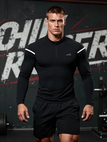 GymBeat 男士黑色拉鍊肌肉修身長袖T恤，適合健身、運動、跑步與體育活動 - 黑色 - 查看 4