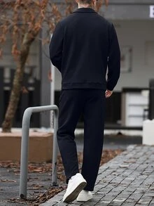 Manfinity Homme 男士純色拉鍊夾克與抽繩長褲套裝，黑色秋季休閒商務度假通勤穿搭，深色學院風運動休閒套裝 - 藏蓝色 - 查看 2